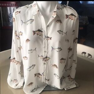 Forever 21 Fish Print Casual Silky Shirt - White and Brown